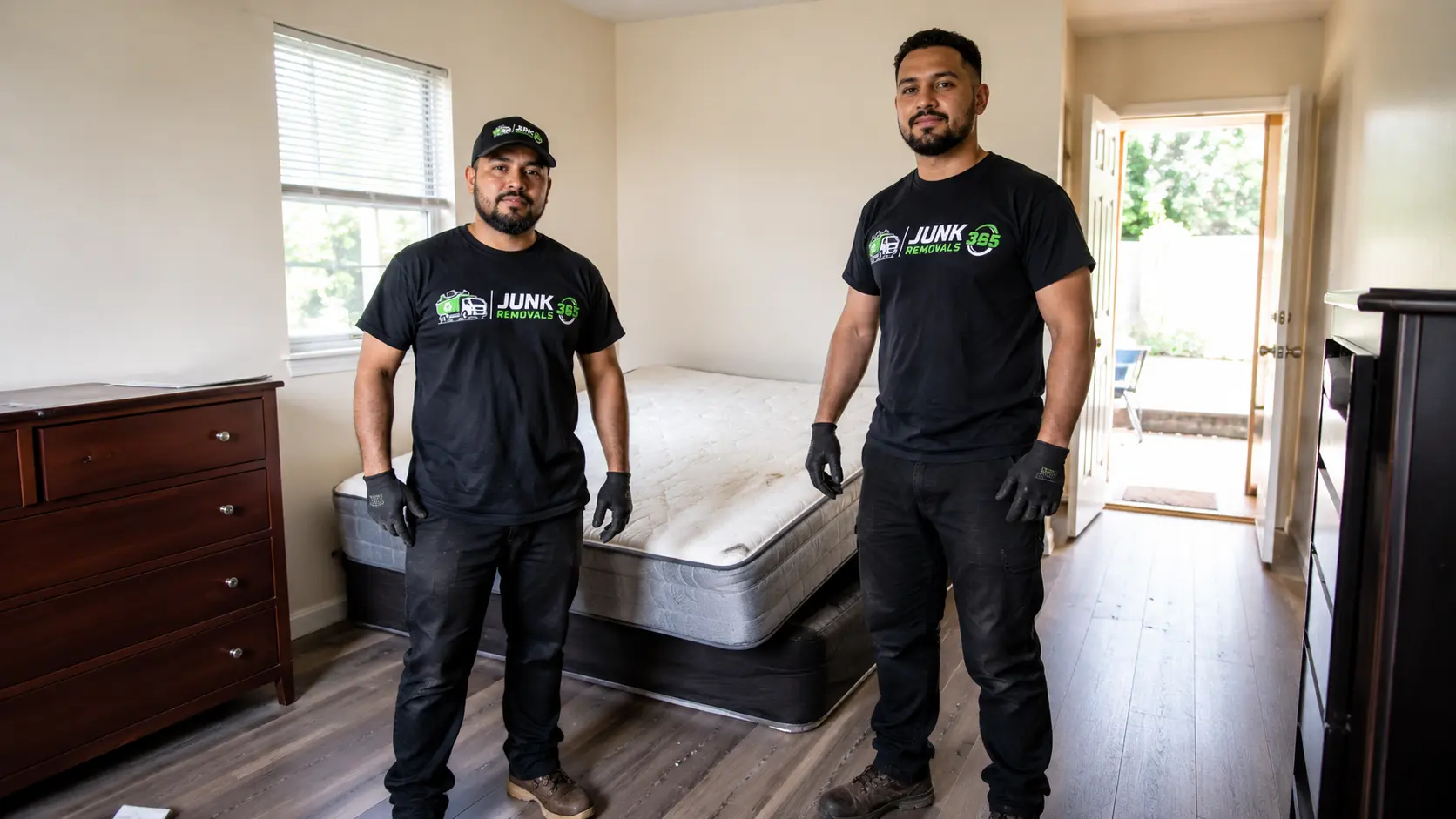 Old mattress removal from a bedroom during a home cleanout in the United States